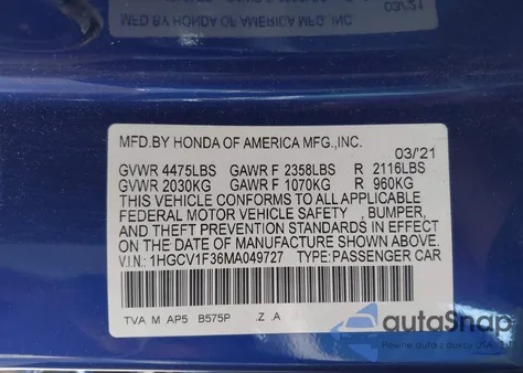 2021 Honda Accord Sport из США, поврежденный, VIN 1HGCV1F36MA049727